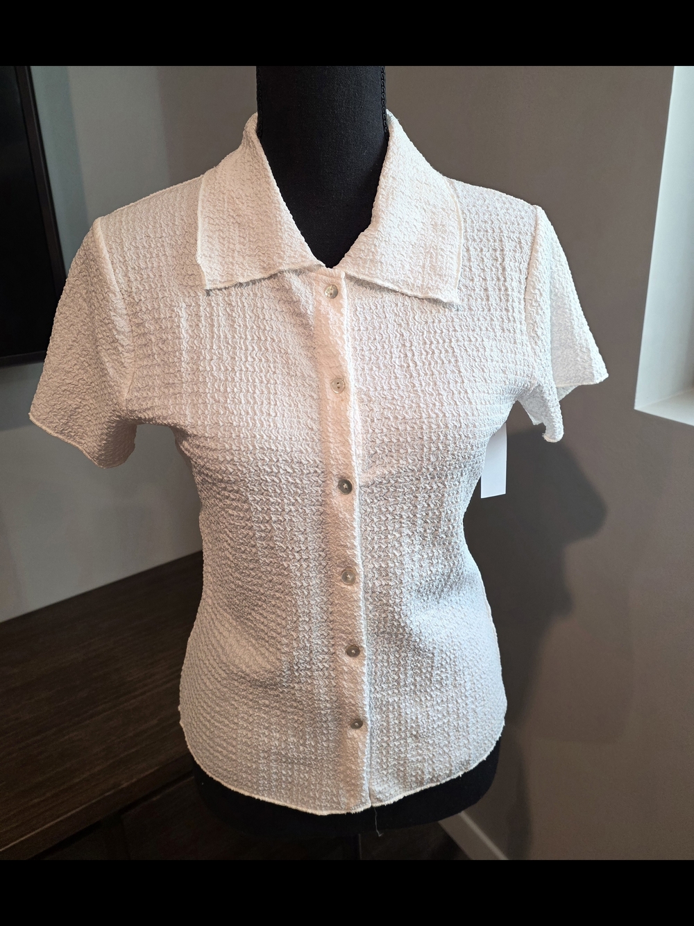 Textured Cream Short-Sleeve Lightweight Button-Up Top